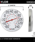 Metal Wall Thermometer For Indoor And Outdoor Use With 12 Inch Dial And Easy To Read Large Numbers Ideal For Patio Pool Or Indoor Spaces Weather Resistant And Shatterproof Construction. front view