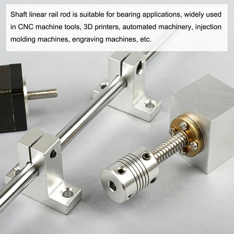Two Pack 1/4 Inch By 150mm Linear Motion Rods Stainless Steel 304 Shaft Guide For 3D Printer CNC Projects And DIY Craft Tools Built For Makers With Precision Rails For Smooth Motion And Accurate Positioning, shown with couplers and mounts