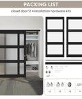 Sliding Closet Door Set With Frosted Glass, 72 Inch Wide By 80 Inch High, Double 37 Inch Panels, 3 Lite Frosted Glass Bypass With Hardware Kit And Matching Fascia, Pre Drilled Solid Wood Slab With Waterproof PVC Finish, Easy To Install, Black
