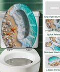 Elongated Resin Toilet Seat with Cover featuring beach design, seashells and starfish, top view on white toilet.