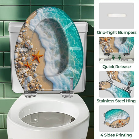 Elongated Resin Toilet Seat with Cover featuring beach design, seashells and starfish, top view on white toilet.
