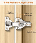 Close-up of Heavy Duty Full Overlay Soft Close Cabinet Hinges With No Sweat Clip On Mounting For Face Frame Kitchen Cabinets Nickel Plated showing adjustment features.