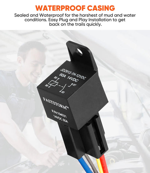 Close-up of 12V Electric Fuel Pump Relay Kit Waterproof 60 Amp with long wiring harness in a mechanic workshop background.