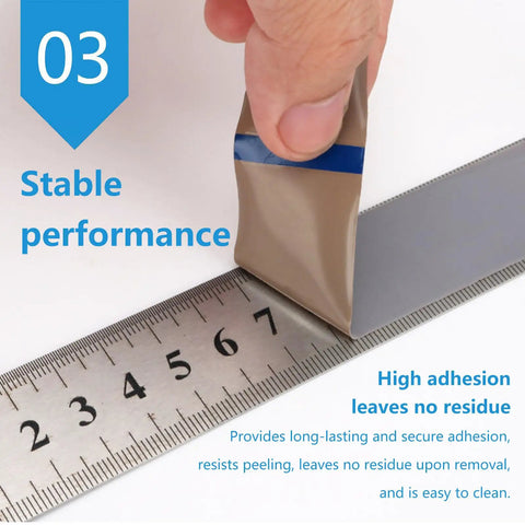 Image of DATMXXD High Temp PTFE Tape Rolls being peeled off a ruler, demonstrating strong adhesion and no residue.