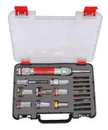 Dope And Heavy Duty 17 Piece Drill Bit And Impact Driver Kit Made From Tough Alloy Steel For Super Fast Changing Hex Sockets And Extensions On Metal Wood Or Plastic Jobs, open case