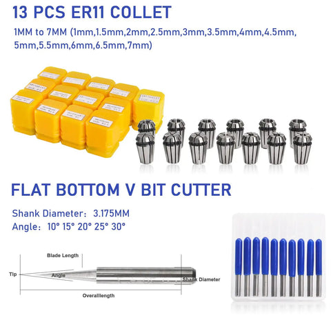 13 pieces ER11 collet set and flat bottom V bit cutter for CNC Spindle Motor Kit 500W ER11 Brushed With PSU