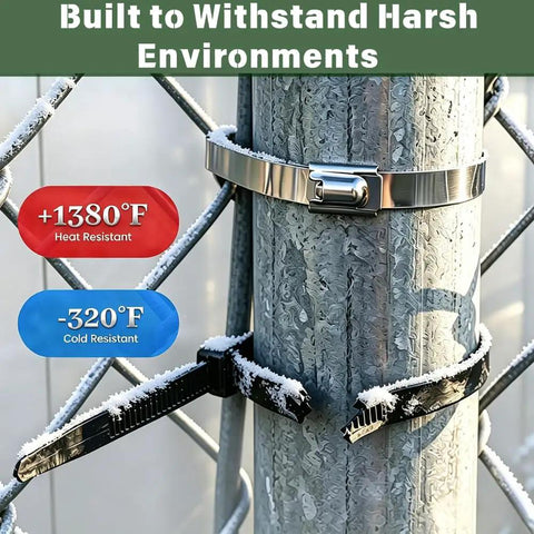 155 Piece Heavy Duty 304 Stainless Steel Cable Tie Gun Kit With 150 Metal Zip Ties securing pole in cold weather