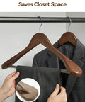 Premium Vintage Wood Hangers 12-Pack With Wide Shoulders And Non-Slip Grips For Coats Jackets And Suits in closet