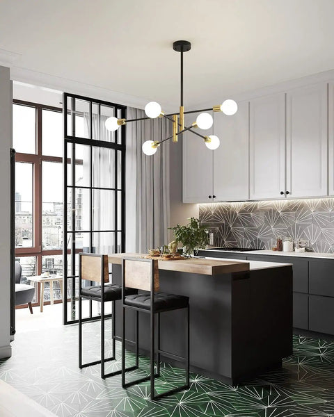 Modern kitchen with Sputnik Style Black And Gold Six Light Chandelier For Dining Room Living Room Modern Mid Century Industrial Ceiling Pendant Lighting Fixture Dope Look hanging overhead.