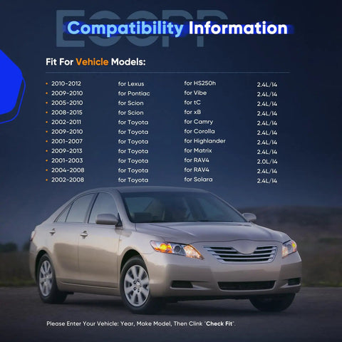 Compatibility chart for Timing Chain Kit For 2002 2009 Toyota Camry 2.0L 2.4L Engine Replacement with sedan image.