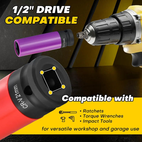 Five Piece One Half Inch Drive Impact Lug Nut Socket Set With Non Marring Thin Wall Design, CRV Alloy in use with impact wrench.