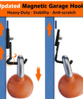 Heavy Duty Magnetic Garage Hooks 4 Pack Beefy Magnet Hangers Rubber Coated installed on metal surface with hooks holding a weight