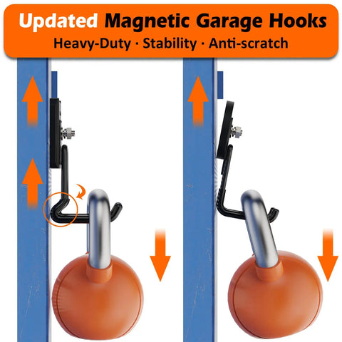 Heavy Duty Magnetic Garage Hooks 4 Pack Beefy Magnet Hangers Rubber Coated installed on metal surface with hooks holding a weight