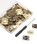60 Pcs Small Brass Antique Miniature Hinges With Screws And Screwdriver For Dolls House Mini Wooden Crafts Jewelry Box Cabinet DIY Projects For Model Making And Miniature Furniture Repairs displayed in a plastic box with a screwdriver