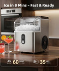 Nugget Ice Maker Countertop With Fast 8 Minute Ice, Stainless Steel on kitchen counter with drinks, 35 lbs per day capacity.