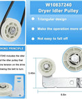 W10837240 dryer idler pulley from Upgraded 4392067 Dryer Repair Kit, showing design and dimensions for Whirlpool models.