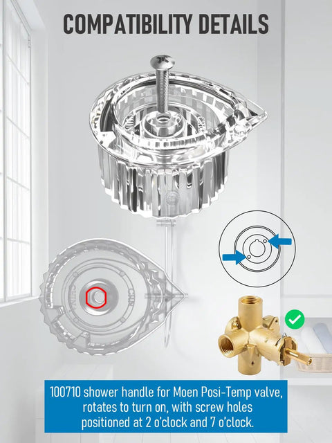 Clear acrylic Shower Faucet Handle Replacement Kit 100710 Compatible With Posi-Temp Valve, top and side view with screw details.