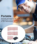 Man with laptop using Pin Removal Tool Kit For Automotive Wiring And Repair, showing terminal removal tools in kit.
