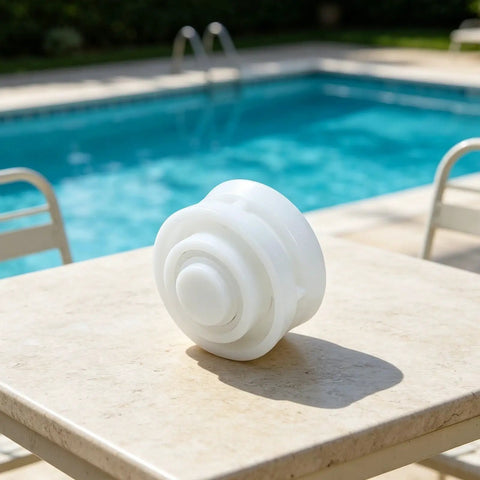 Roller Bearing Guide Kit RCX26000 RCX26001 For TigerShark Robotic Pool Cleaner DIY Friendly Pro Grade Replacement Kit Includes One RCX26001 Bearing And Two RCX26000 Bearings For Smooth Wheel Rotation And Stable Tracking, white plastic bearing on poolside table