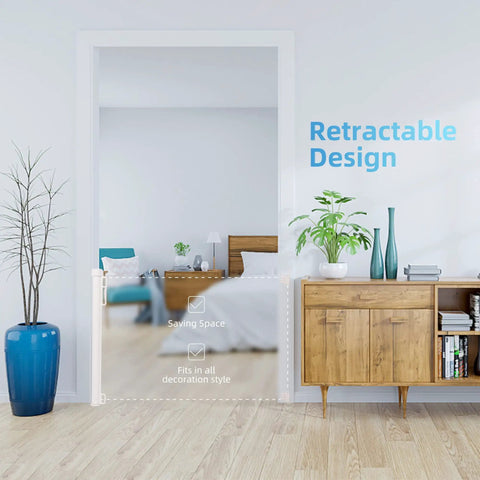 Retractable Baby Gate For Extra Wide Openings, 34 Inch Tall, Extends Up To 71 Inches, shown in doorway of modern room design