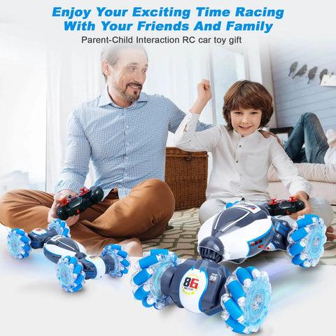 Fosgoit Gesture Sensing RC Stunt Car, blue/white, 4WD with 2.4GHz remote; two cars shown
