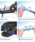 TICONN 100-piece nylon spade quick-disconnect terminal kit with blue insulated male/female terminals and crimp tool