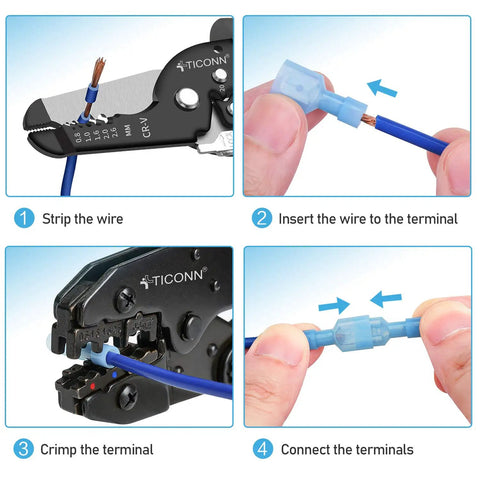 Heavy Duty Nylon Spade Connector Kit Featuring Thick Tinned Brass Insulated Crimp Wire Connectors For Seamless Automotive Wiring Jobs wire stripping and crimping process.