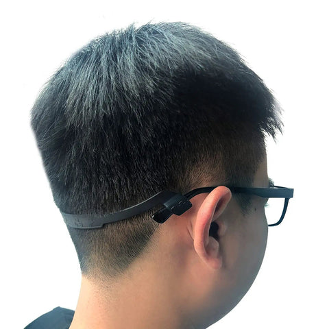 Side view of a child wearing black Kids Silicone Glasses Straps 3 Pack Non Slip Elastic Eyewear Straps For Boys And Girls Sunglasses Holder
