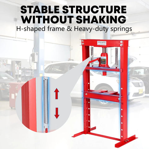Heavy Duty 12 Ton Hydraulic Shop Press With Solid H Frame And Smooth Adjustable Table showing H-shaped frame and heavy-duty springs.