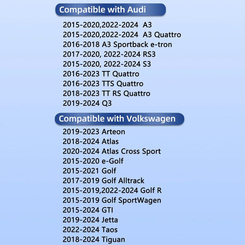 List of compatible Audi and Volkswagen models for Cabin Air Filter With Activated Carbon For 2016 Through 2023 Volkswagen Golf Jetta GTI Taos Tiguan Arteon Atlas SportWagen And Audi A3 Q3 RS3 S3 TT RS Quattro Odor Busting Replacement