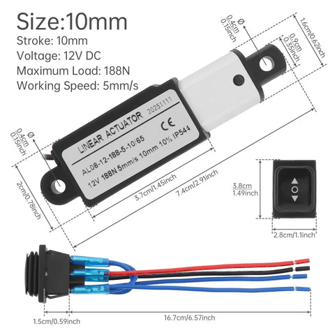 Compact 10mm Stroke Mini Linear Actuator With 188N Load, 12V High Torque Workhorse Electric Actuator, 5mm/s Travel, Waterproof Switch