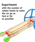 DIY Rubber Band Powered Car Kit For Kids 2-Pack Hands-On STEM Project wooden car with blue wheels demonstrating construction