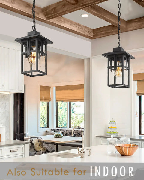 Outdoor Porch Pendant Light With Seeded Glass Shade In Matte Black Farmhouse Exterior Hanging Lantern For Gazebo Built Tough Weatherproof ETL Listed Rust Resistant Adjustable Chain Large HX1H BK installed in kitchen
