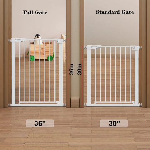 Comparison of 36 Inch Extra Tall Black Baby Gate For Stairs And Doorways with standard gate, both white, pressure mounted.