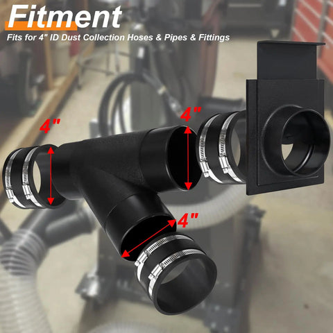 Heavy Duty Four Inch Dust Collection Kit With Y Splitter Hose Connector and Blast Gate Valve, with three 4 inch rubber cuffs.