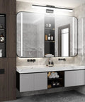 32 Inch Matte Black Bathroom Vanity Light With 18W Adjustable LED Fixture, 6000K Cool White, above a modern bathroom mirror