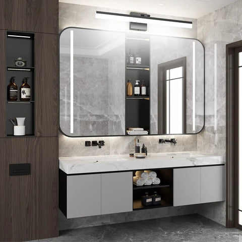 32 Inch Matte Black Bathroom Vanity Light With 18W Adjustable LED Fixture, 6000K Cool White, above a modern bathroom mirror