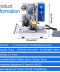 High Speed Automatic Electric Ribbon Code Printer For Production Dates And Batch Numbers On Flexible Packaging Film Plastic Leather Hot Stamping Coda Machine, showing product dimensions and features.