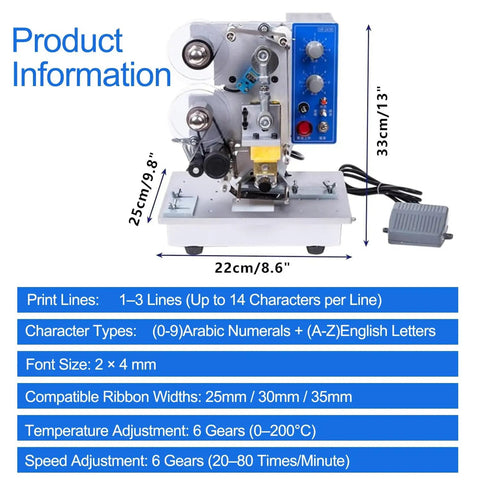 High Speed Automatic Electric Ribbon Code Printer For Production Dates And Batch Numbers On Flexible Packaging Film Plastic Leather Hot Stamping Coda Machine, showing product dimensions and features.