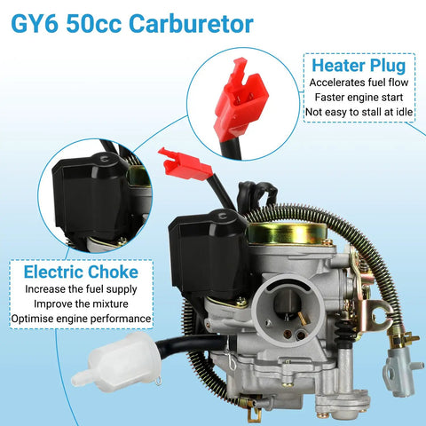 GY6 50cc Carburetor Kit PD18J Fits 139QMB 4 Stroke Engines with electric choke and heater plug for scooters and ATVs
