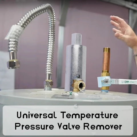 GGTE RV valve remover tool, front view, silver metal, installed on an RV water heater