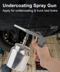 No Nonsense Undercoating Spray Gun Kit With 25 Oz Suction Feed Cup And Stainless Steel Body For Rust Preventative Wax Sealant And Truck Bed Coating held for application.