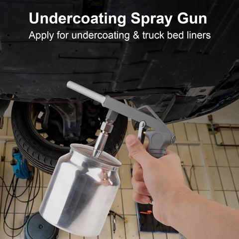 No Nonsense Undercoating Spray Gun Kit With 25 Oz Suction Feed Cup And Stainless Steel Body For Rust Preventative Wax Sealant And Truck Bed Coating held for application.