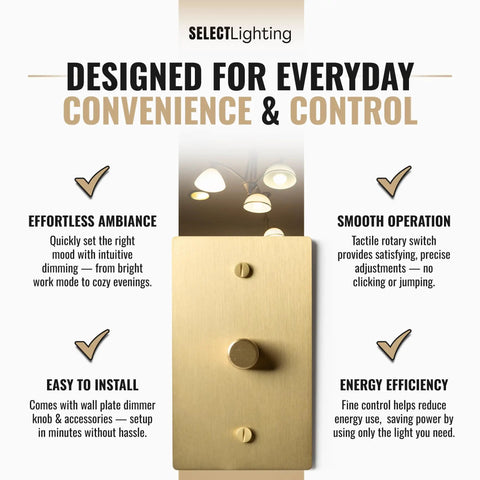 One Gang Solid Brass Rotary Dimmer Switch With Three Way And Single Pole Compatibility Satin Brass Finish Smooth Dimming For Modern And Classic Rooms Includes Knob Faceplate And Module on satin brass faceplate