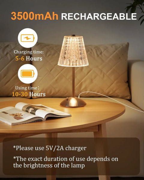 Cordless Crystal Lamp With Color Changing Touch Control, Rechargeable diamond table light on a wooden table in a cozy living room.