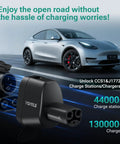 Badass CCS1 And J1772 To Tesla Charging Adapter For Model 3 Y S X Cybertruck close-up with charging ports and Tesla car in background.