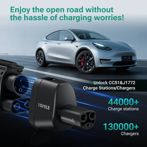 Badass CCS1 And J1772 To Tesla Charging Adapter For Model 3 Y S X Cybertruck close-up with charging ports and Tesla car in background.
