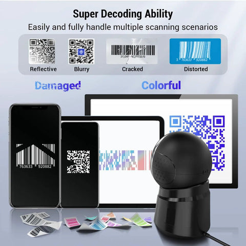 Omnidirectional Barcode Scanner 360 Degree Hands Free USB Wired Reader for 1D 2D QR Codes with phones and tablets