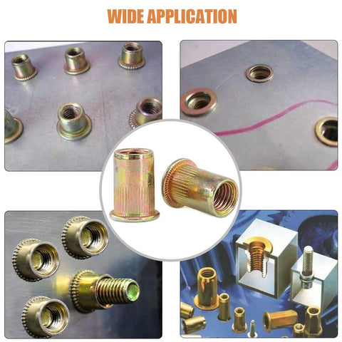M10 Rivet Nuts Kit 100 Pcs Zinc Plated Carbon Steel Flat Head Threaded Inserts for Furniture DIY Projects