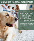 Floor One S5 Combo Replacement Brush Rollers And HEPA Filters Kit image with dog and package list for cordless vacuum cleaner